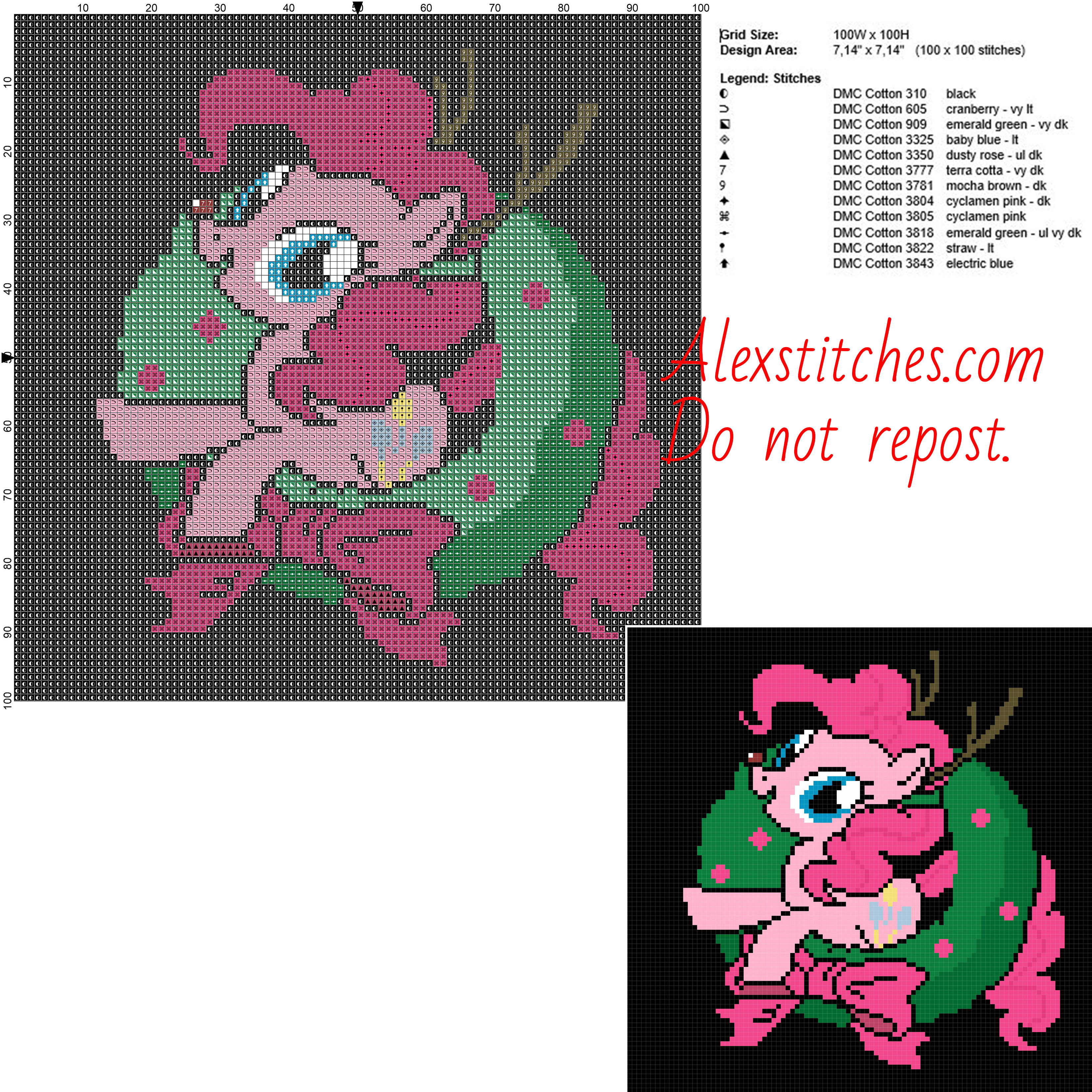 Christmas Pinkie Pie free My Little Pony cross stitch pattern 100x100 12 colors