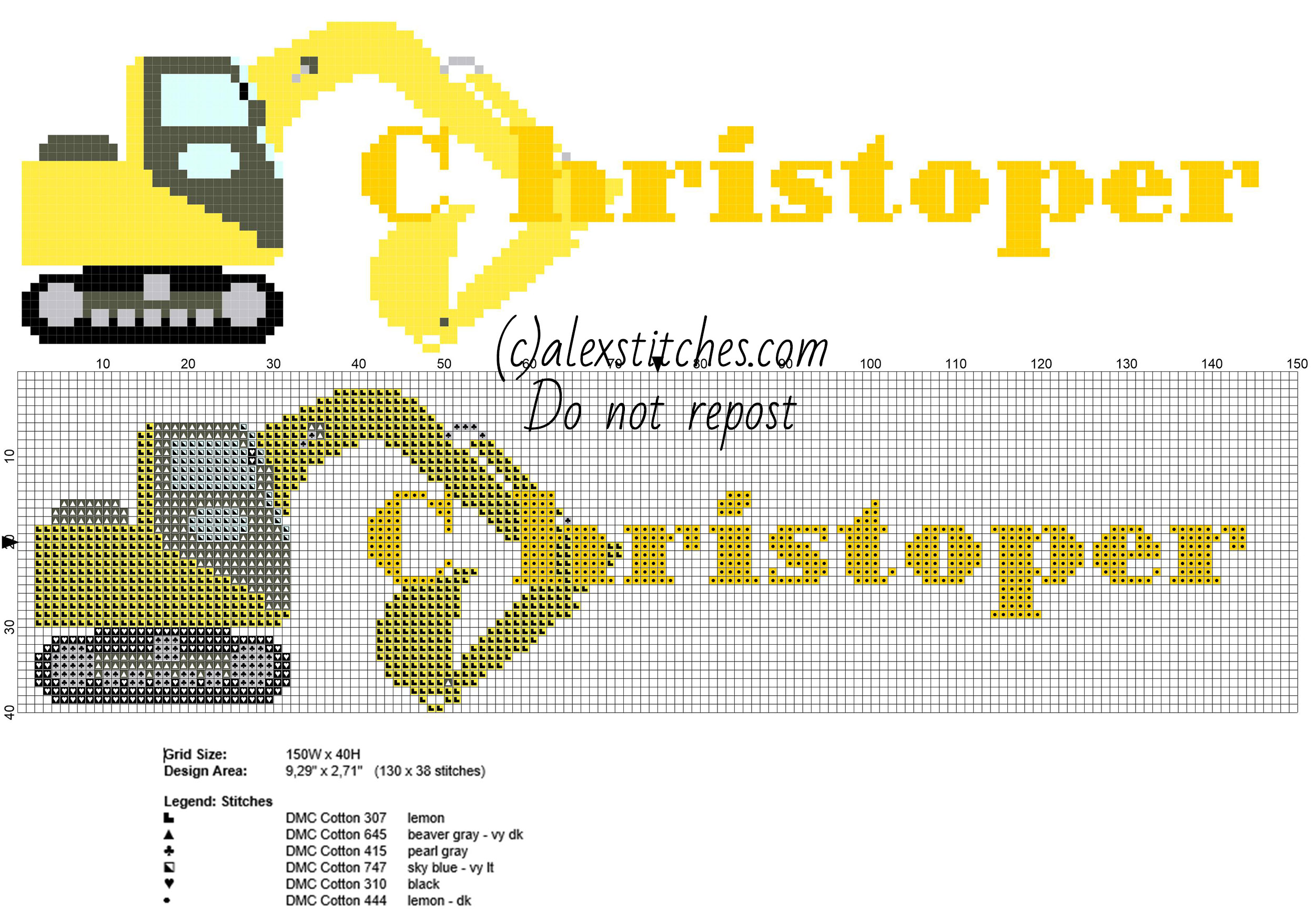 Christoper cross stitch baby male name with excavator