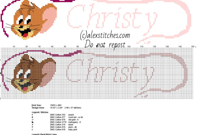 Christy cross stitch baby name with Jerry The Mouse