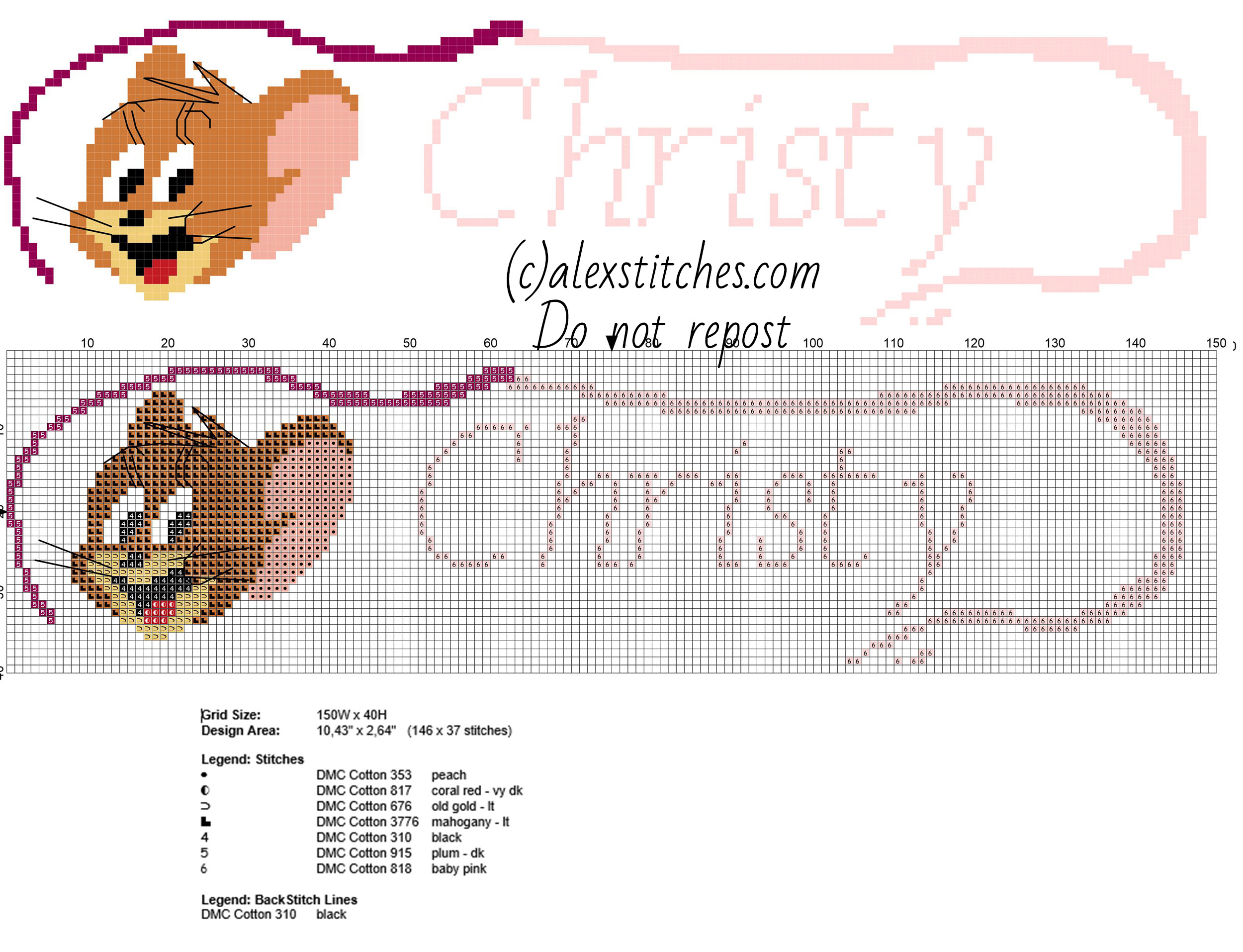Christy cross stitch baby name with Jerry The Mouse