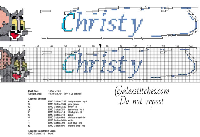 Christy cross stitch baby name with Tom The Cat