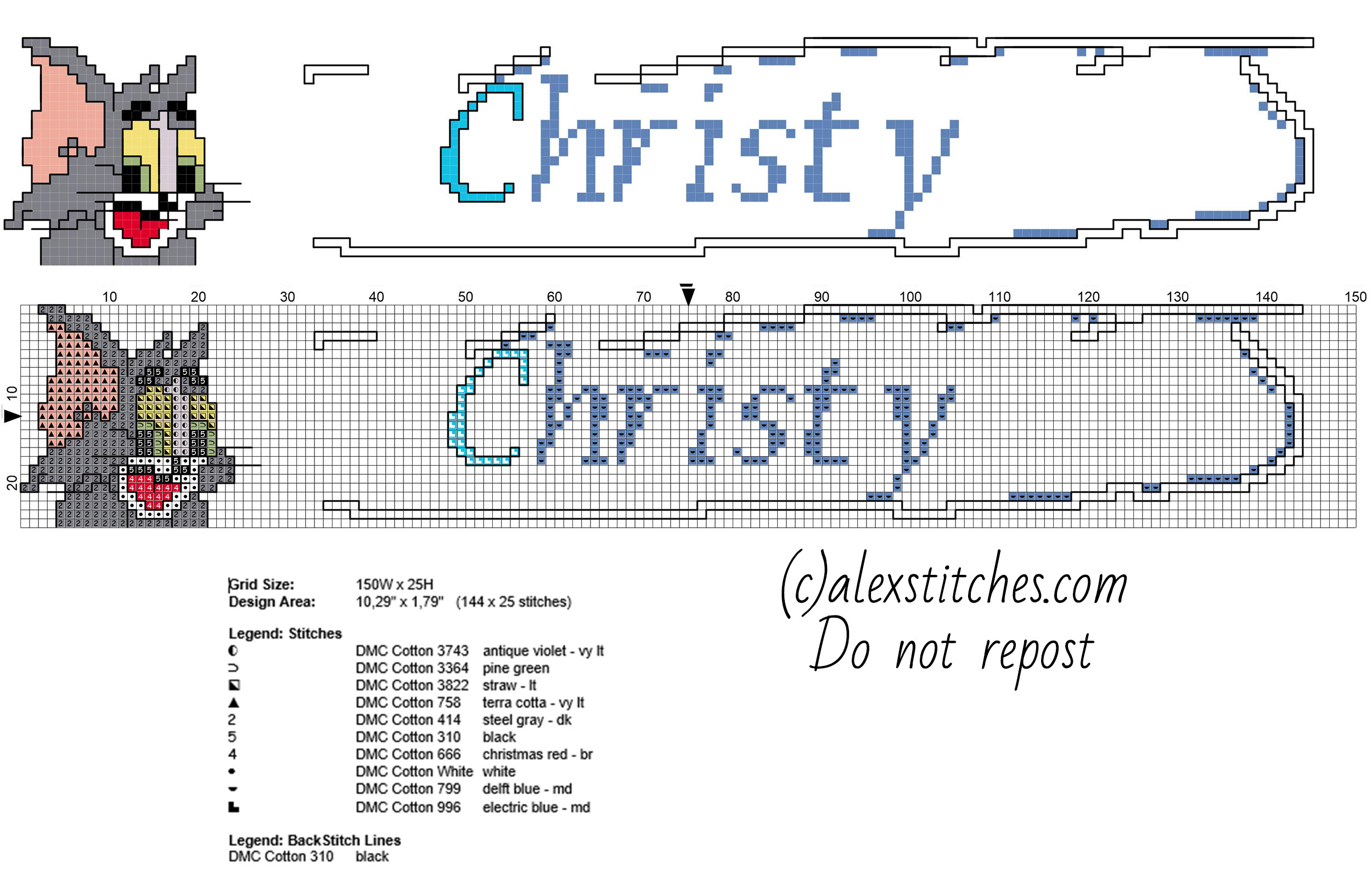 Christy cross stitch baby name with Tom The Cat