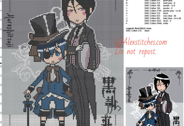 Ciel and Sebastian (The Black Butler) free cross stitch pattern 130x193 26 colors