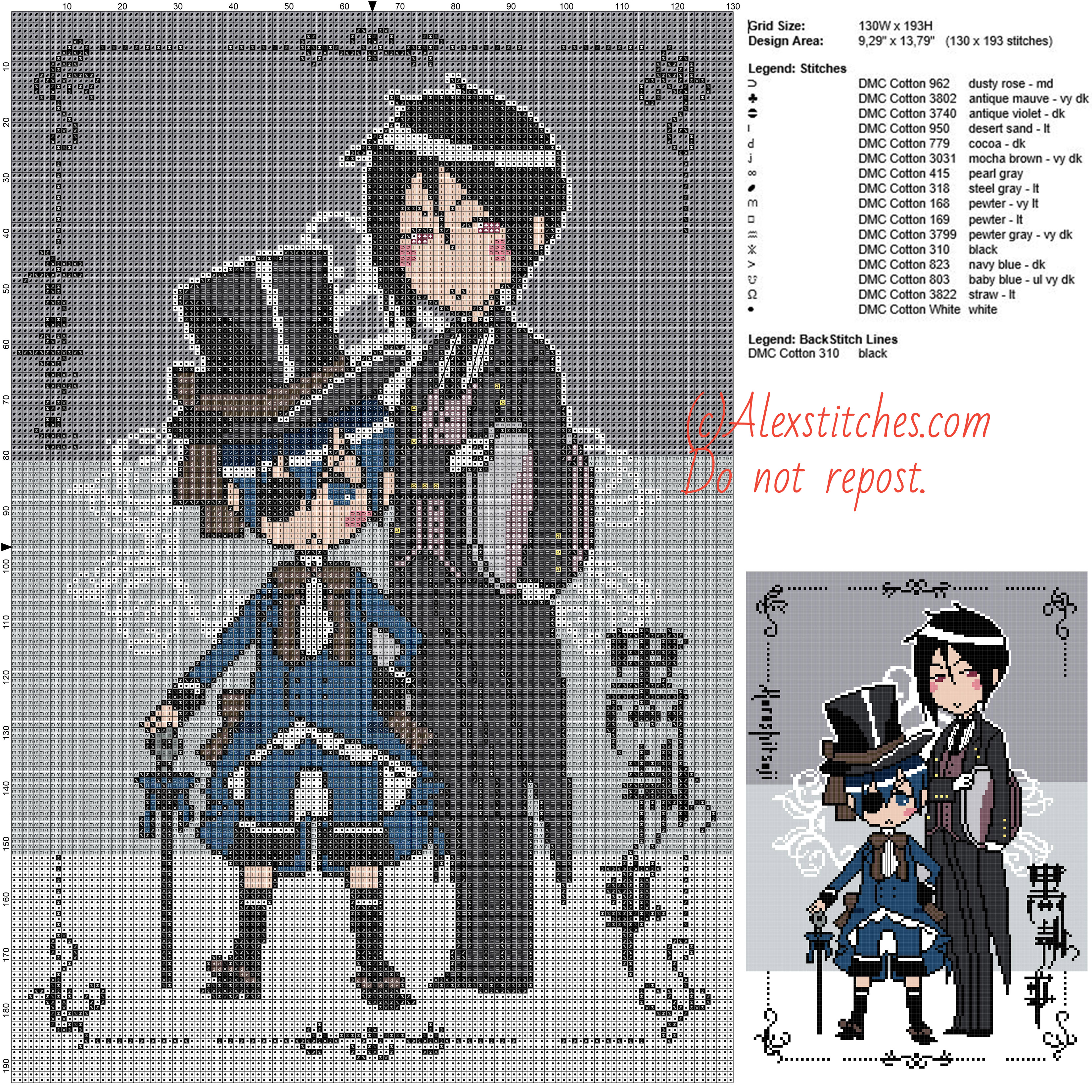 Ciel and Sebastian (The Black Butler) free cross stitch pattern 130x193 26 colors