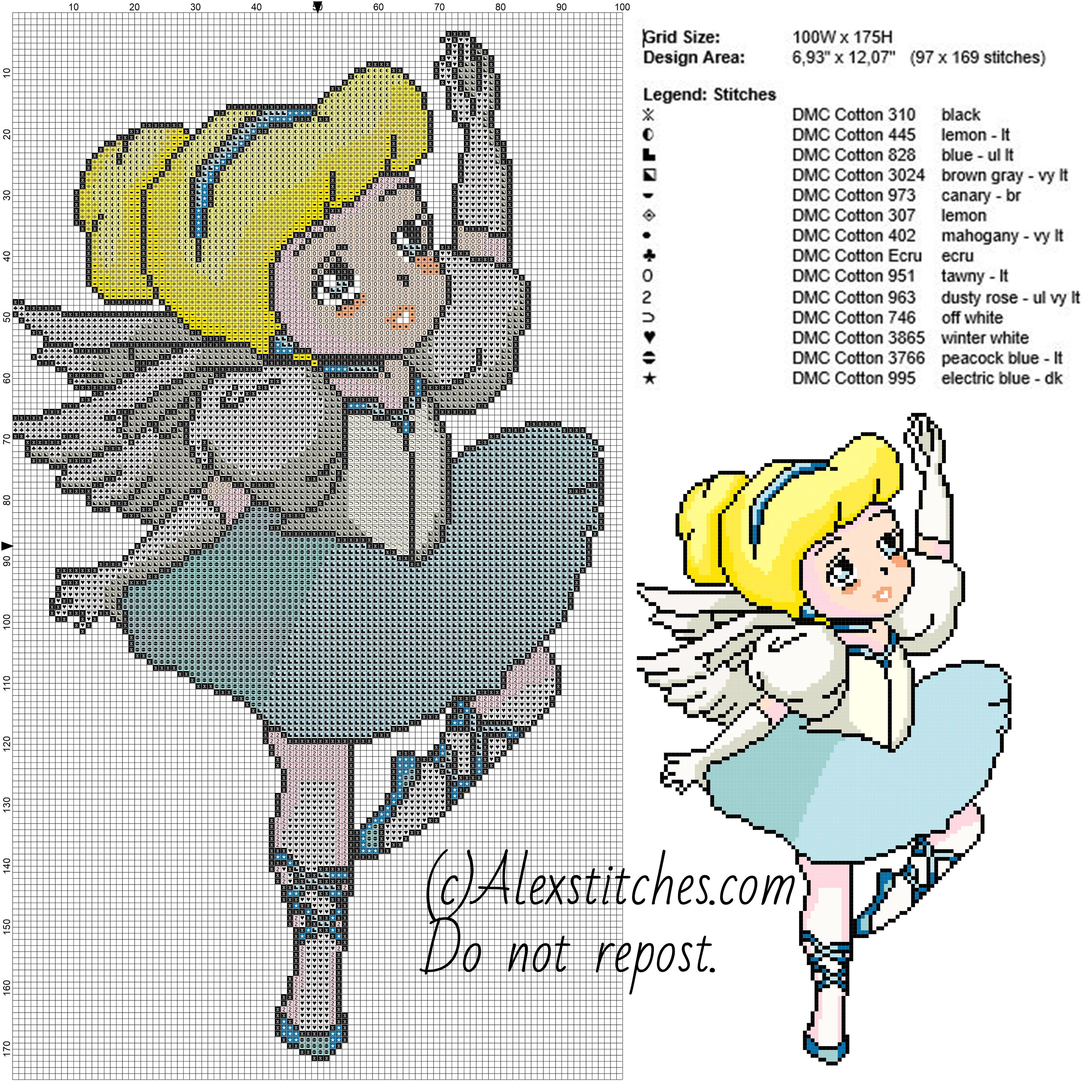 Cinderella dancer princess Disney free cross stitch pattern 100x175 14 colors