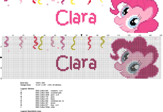 Clara cross stitch baby female name with Pinkie Pie from My Little Pony cartoos