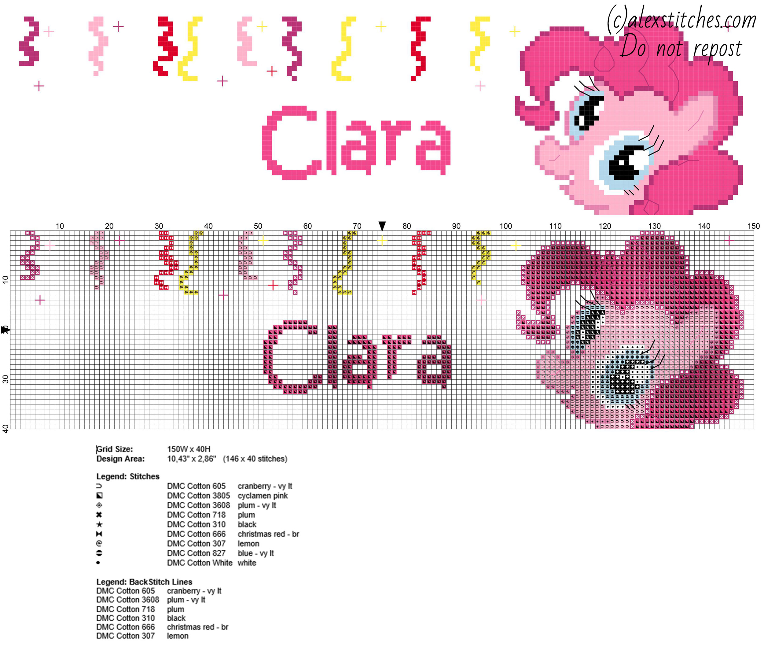 Clara cross stitch baby female name with Pinkie Pie from My Little Pony cartoos