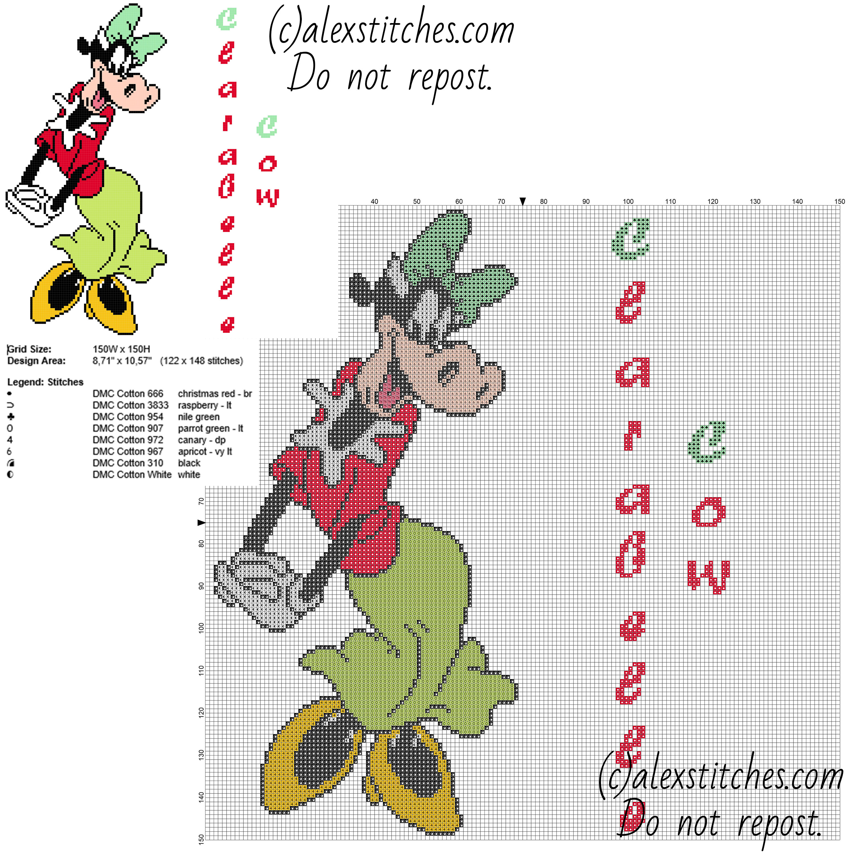 Clarabelle cow Disney Mickey Mouse cartoon character free cross stitch pattern big size 150 stitches
