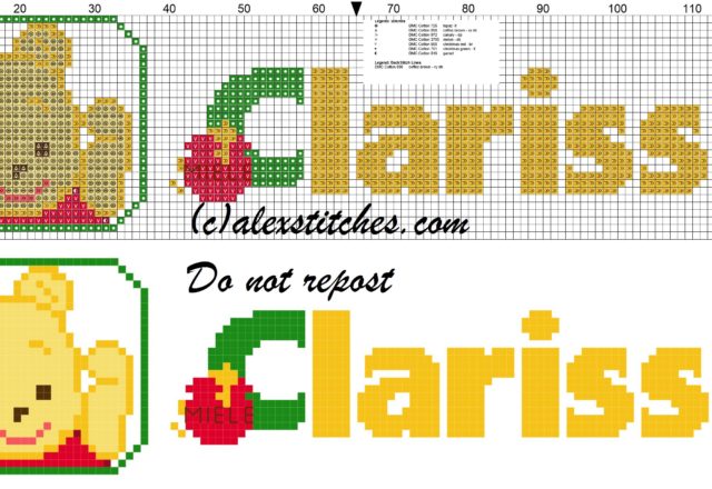 Clarissa name with Baby winnie the pooh free cross stitches pattern