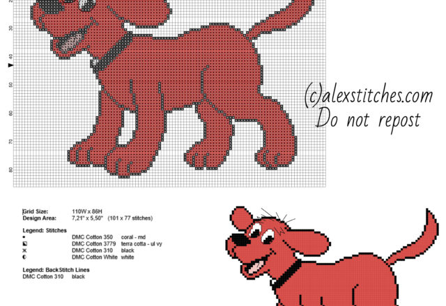 Clifford cartoon the big red dog free cross stitch pattern one hundred stitches size