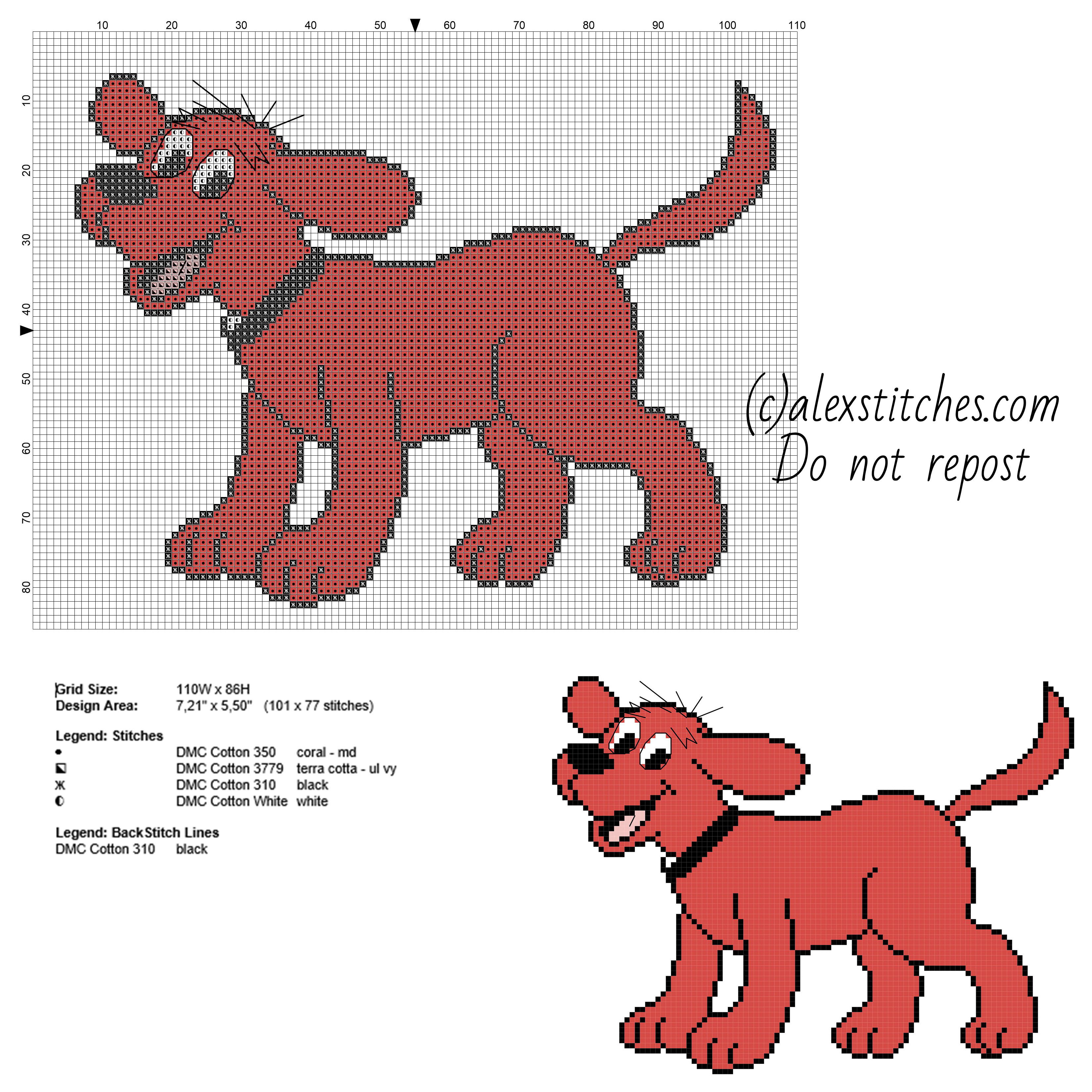 Clifford cartoon the big red dog free cross stitch pattern one hundred stitches size