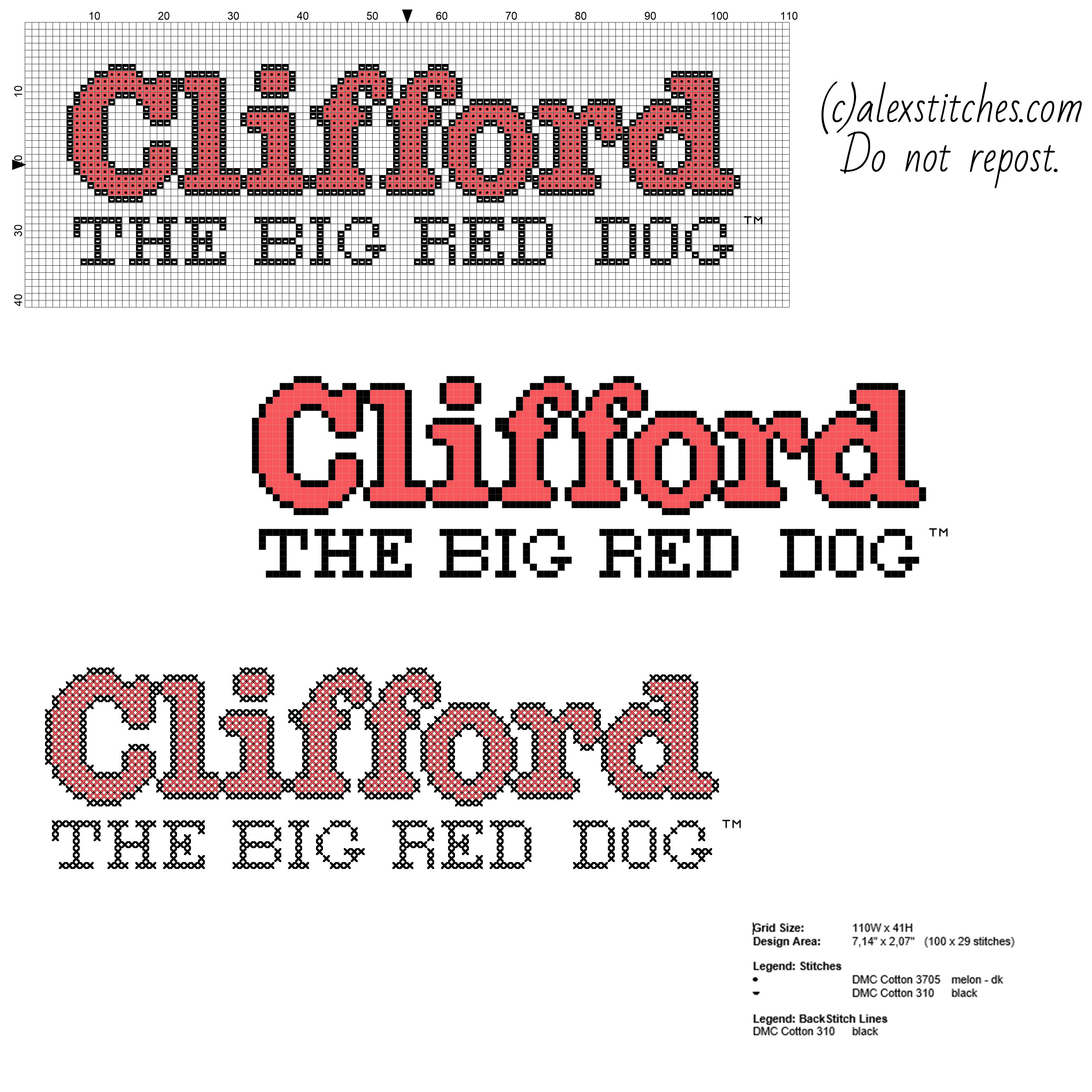 Clifford the big red dog cartoon logo free cross stitch pattern