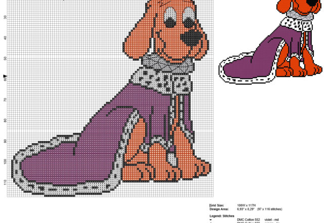 Clifford the big red dog with a crown free cross stitch pattern