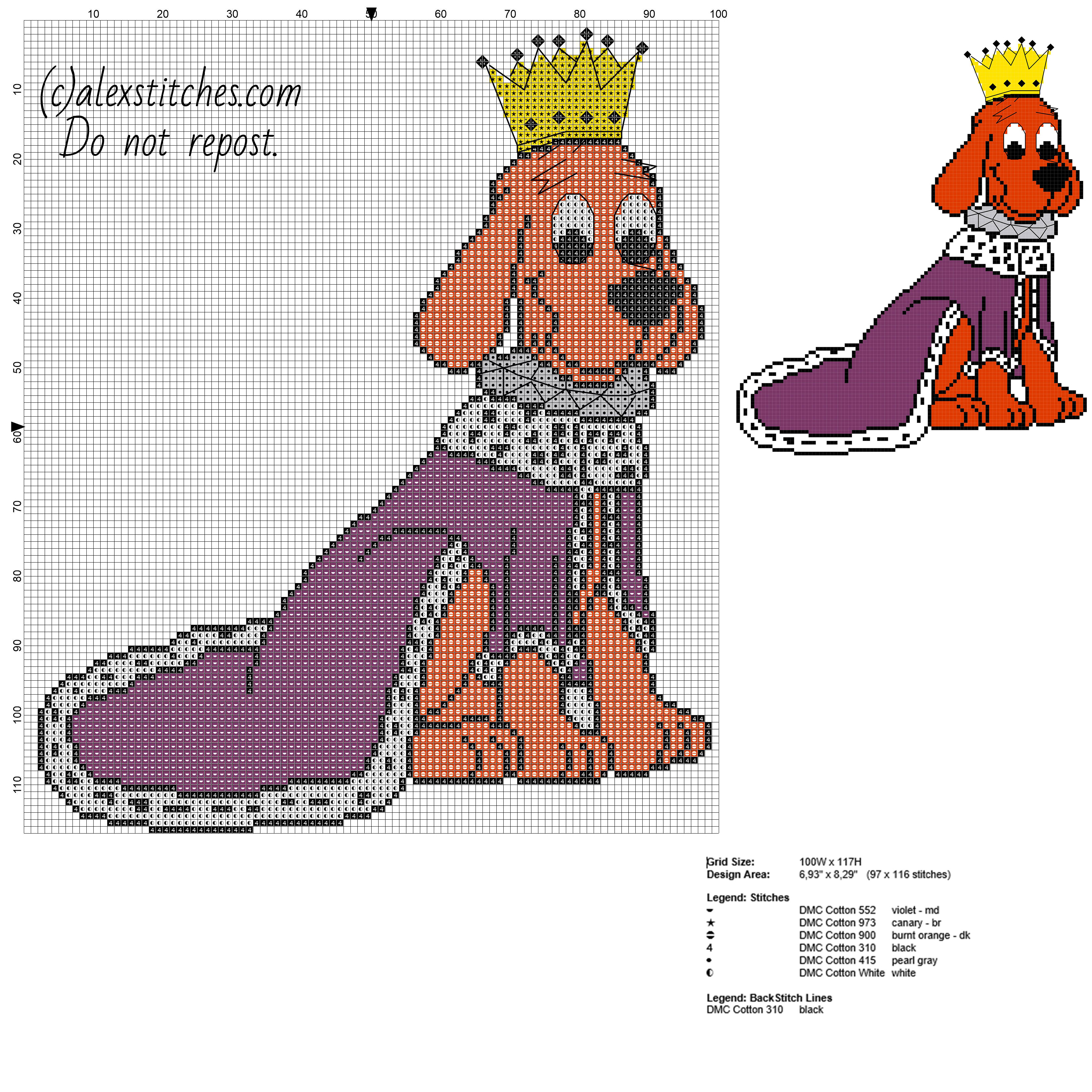 Clifford the big red dog with a crown free cross stitch pattern