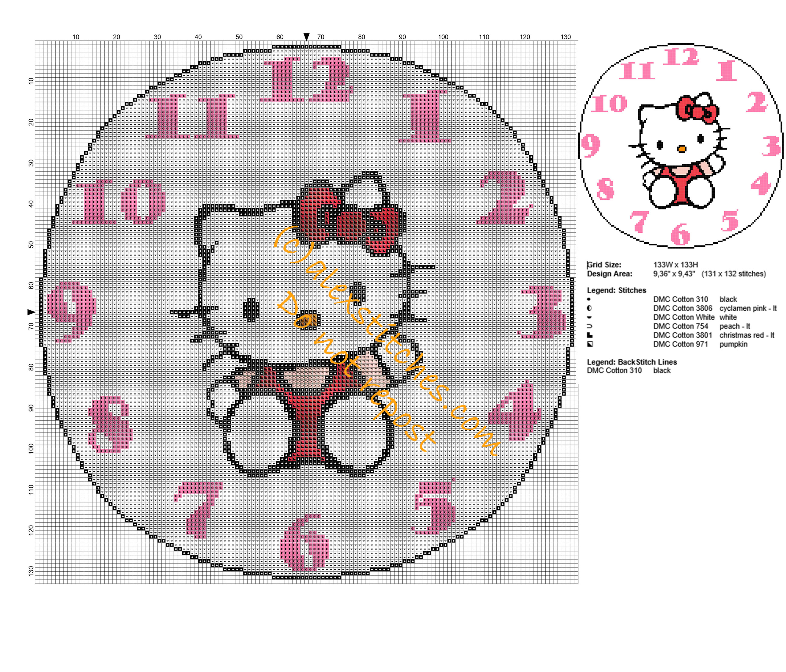 Clock for children’ s bedroom with Hello Kitty free cross stitch pattern