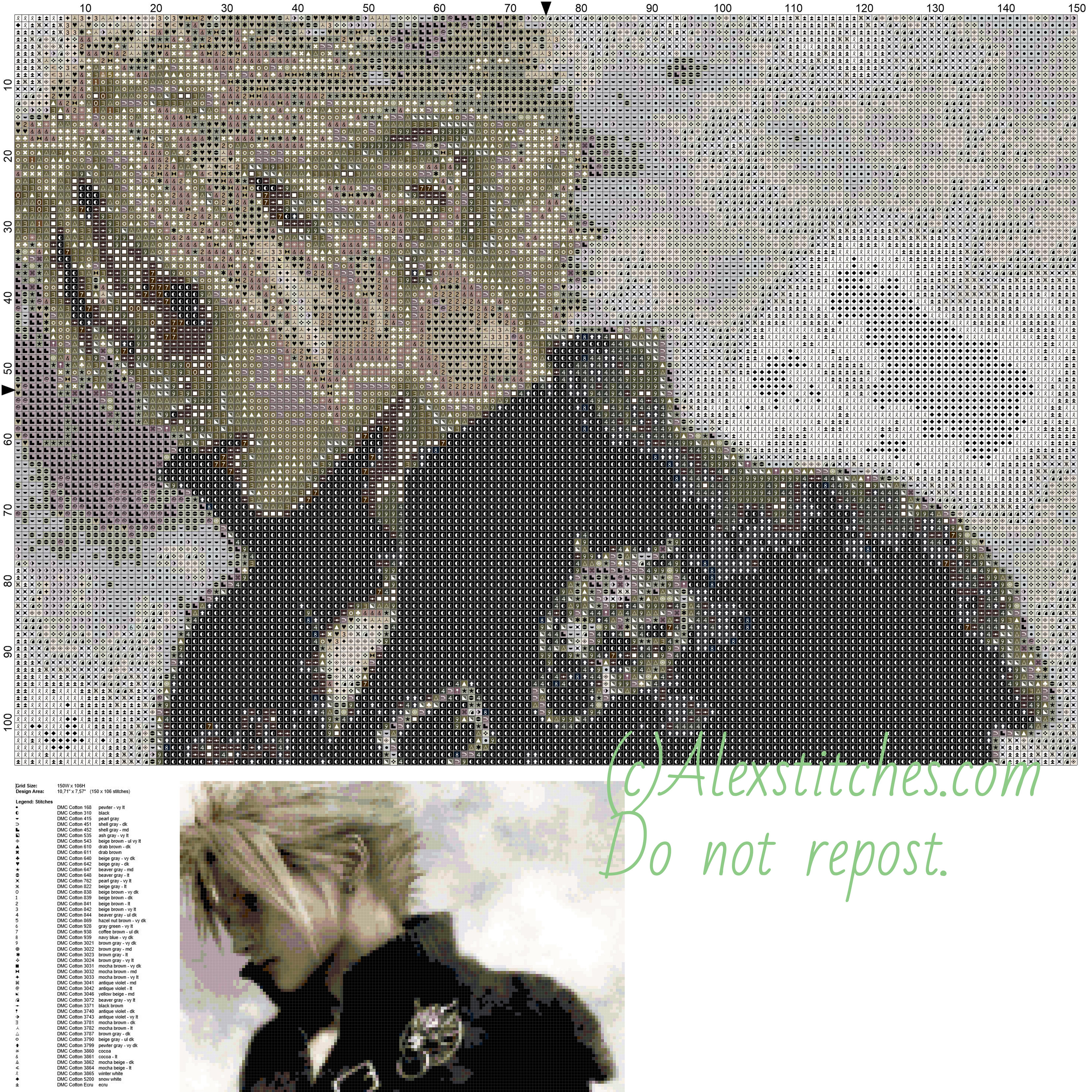 Cloud Strife Final Fantasy VII free videogames cross stitch pattern 150x106 50 colors