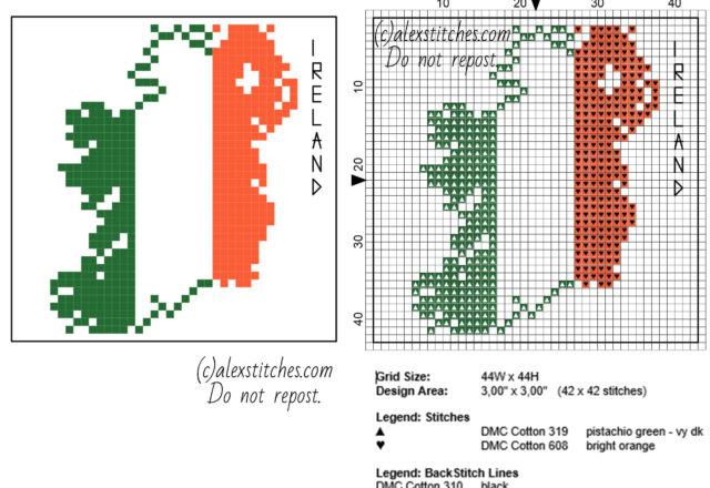Coaster idea Ireland map with flag colors red white and green free cross stitch pattern size 44 x 44