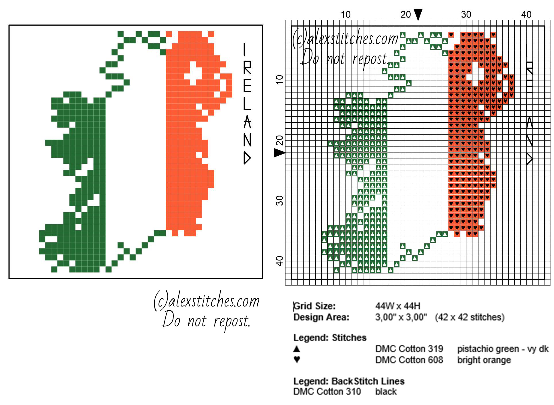 Coaster idea Ireland map with flag colors red white and green free cross stitch pattern size 44 x 44