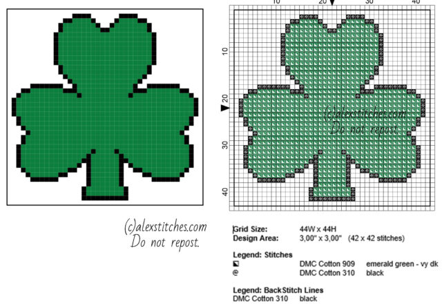 Coaster idea Ireland three-leafed symbol free cross stitch pattern 44 x 44 stitches