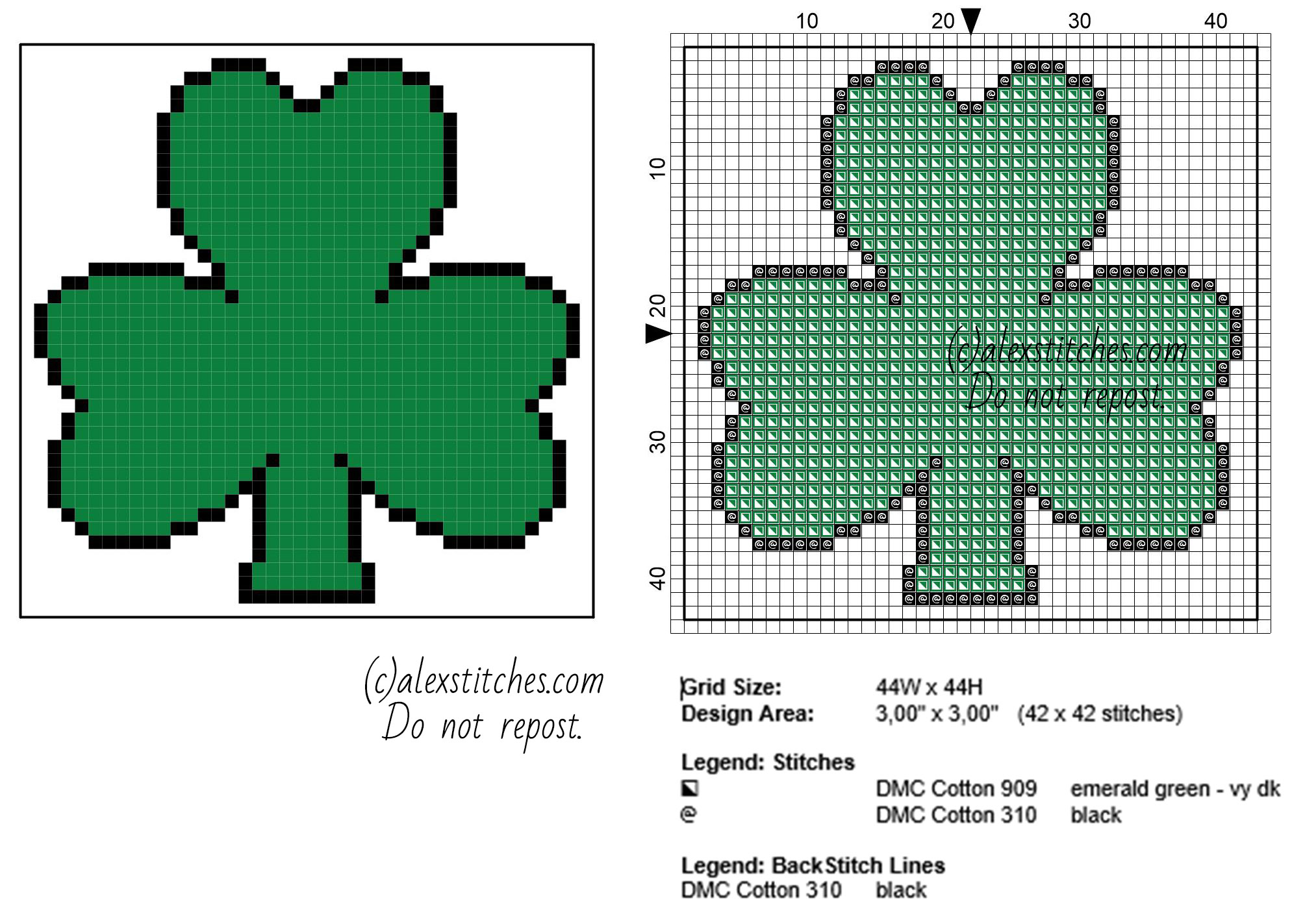 Coaster idea Ireland three-leafed symbol free cross stitch pattern 44 x 44 stitches