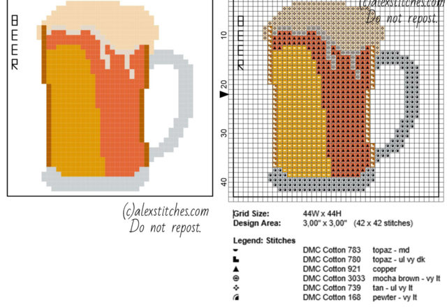 Coaster idea beer glass free cross stitch pattern download 44 x 44 stitches size