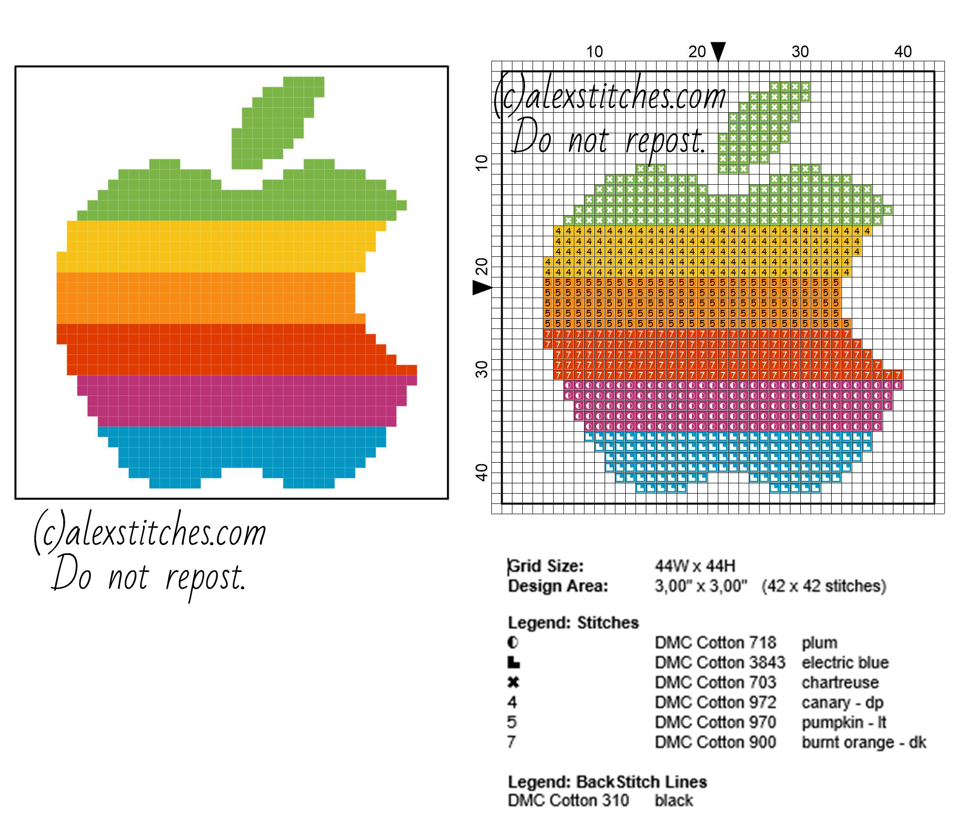Coasters ideas Apple colored rainbow logo size 44 x 44 free cross stitch pattern pcstitch