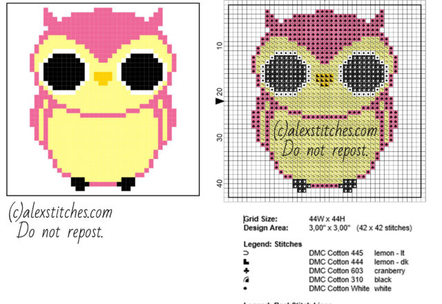Coasters ideas pink colored owl free cross stitch pattern 44 x 44 stitches size