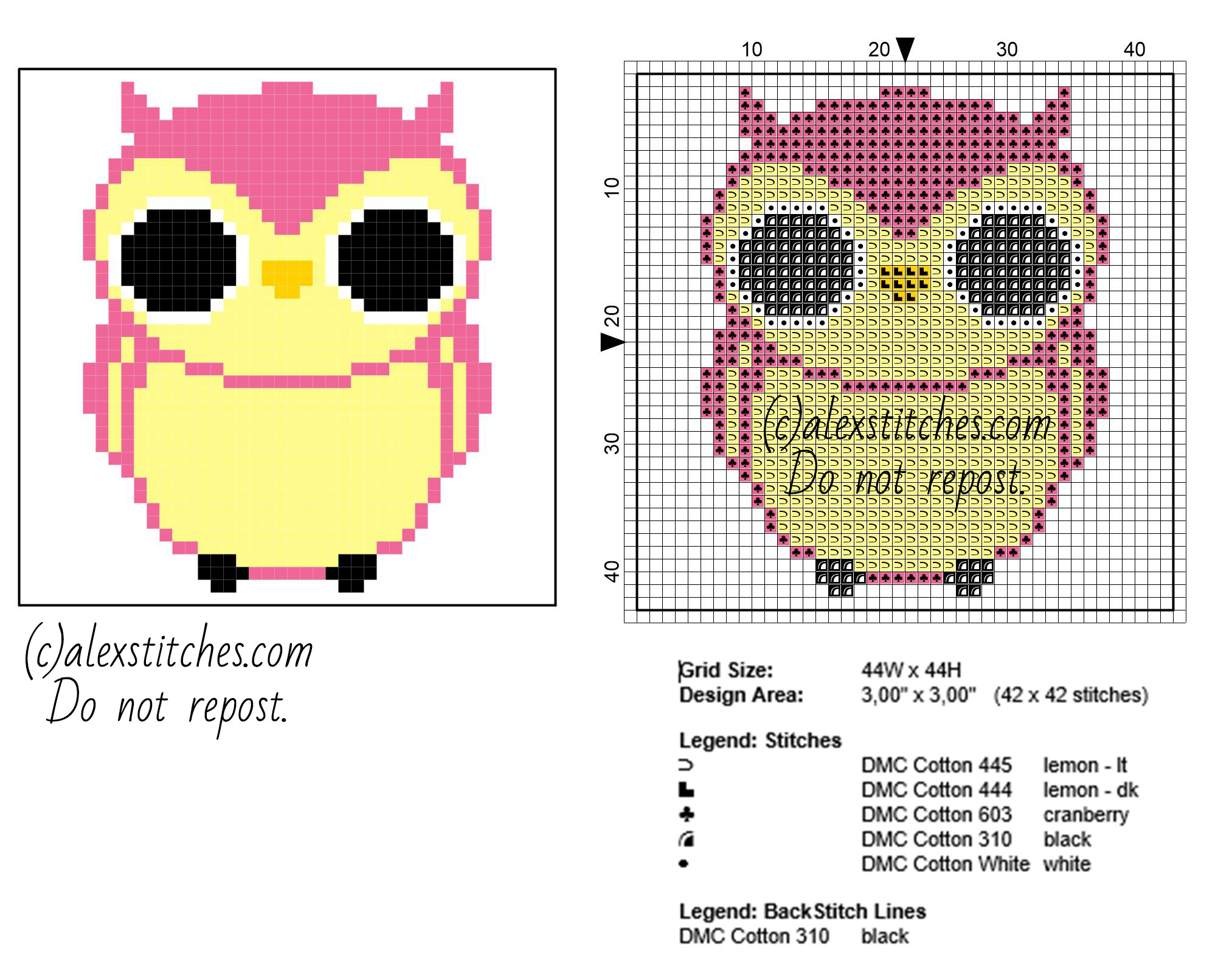 Coasters ideas pink colored owl free cross stitch pattern 44 x 44 stitches size