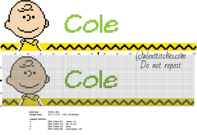 Cole cross stitch baby male name with Peanuts Charlie Brown