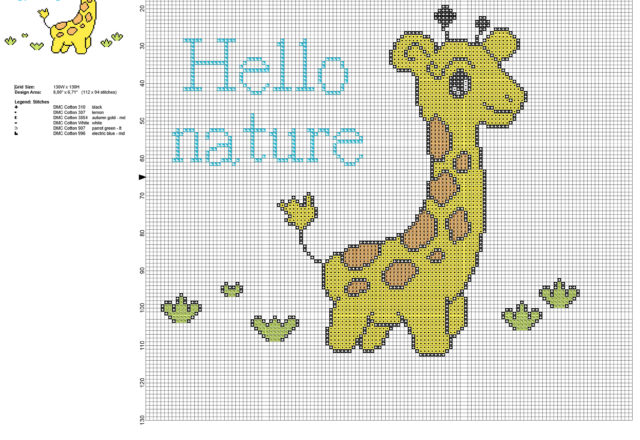 Colored baby giraffe animal for baby free cross stitch pattern 112 x 94 stitches 6 DMC threads