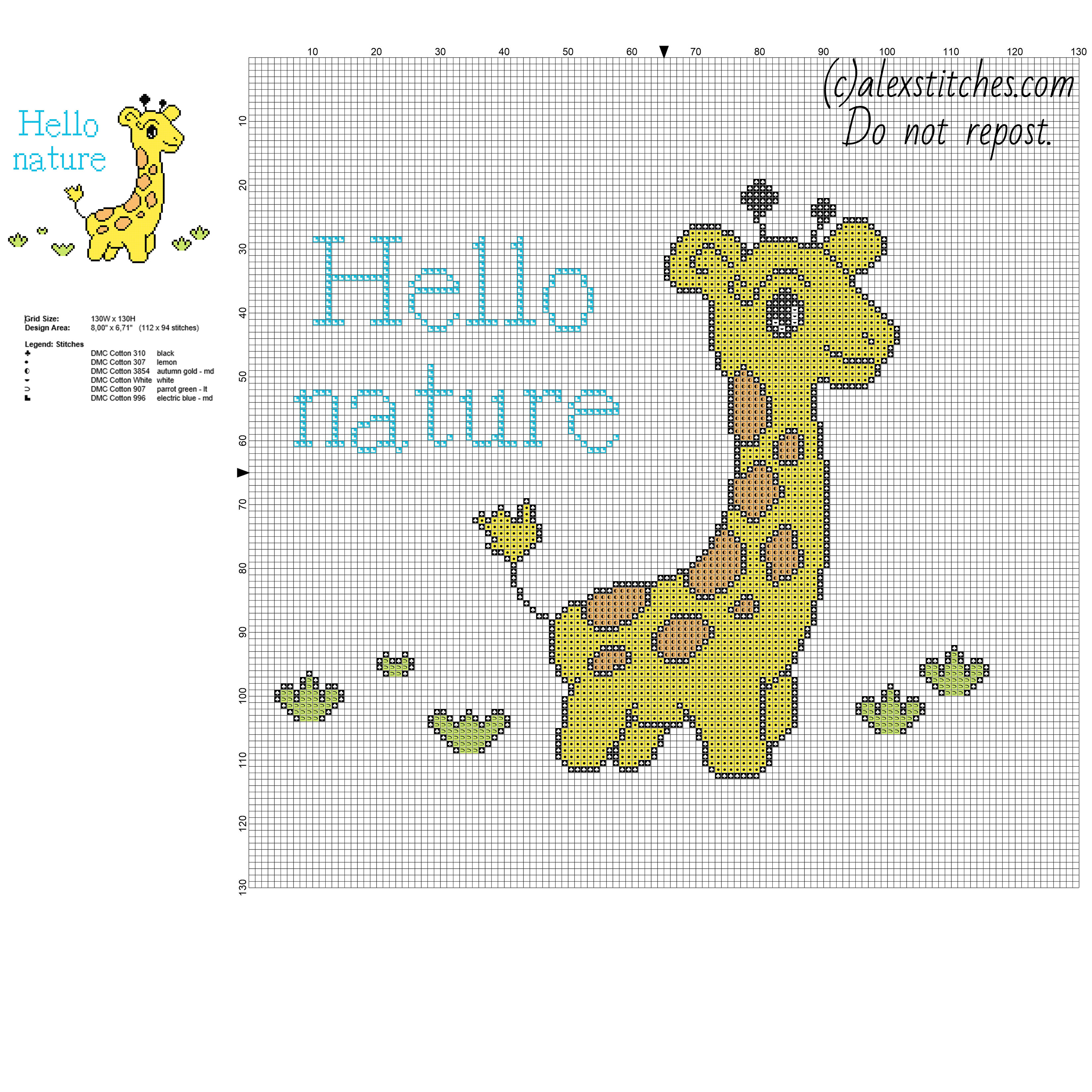 Colored baby giraffe animal for baby free cross stitch pattern 112 x 94 stitches 6 DMC threads