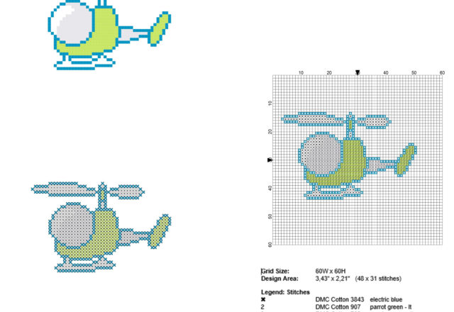 Colored green toy helicopter free and small cross stitch pattern 48 x 31 stitches 4 DMC threads