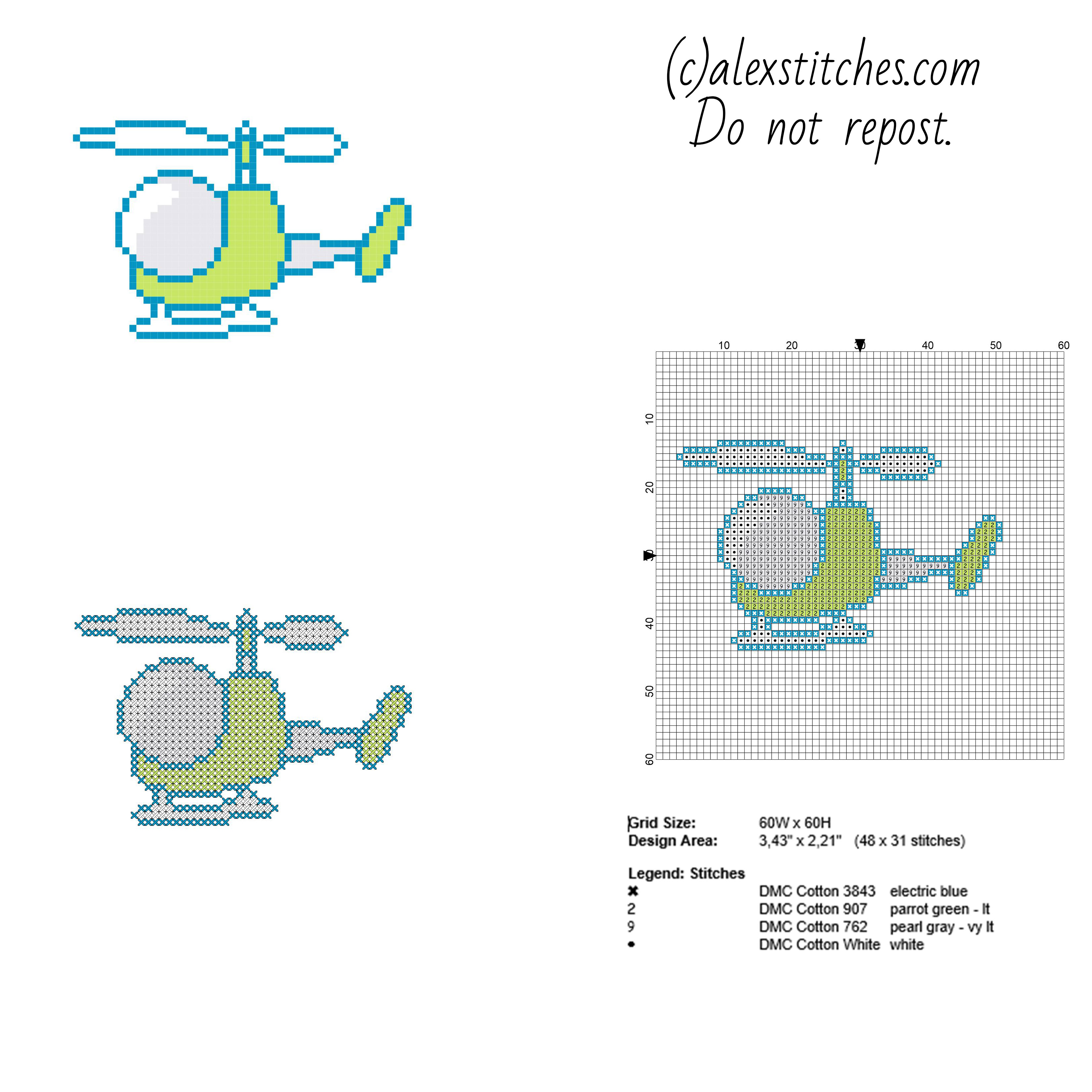 Colored green toy helicopter free and small cross stitch pattern 48 x 31 stitches 4 DMC threads