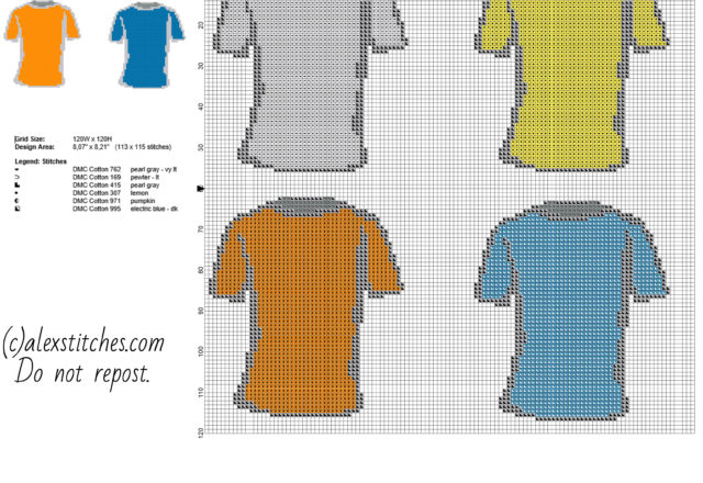 Colored man t-shirts gray yellow orange and blue free cross stitch patterns