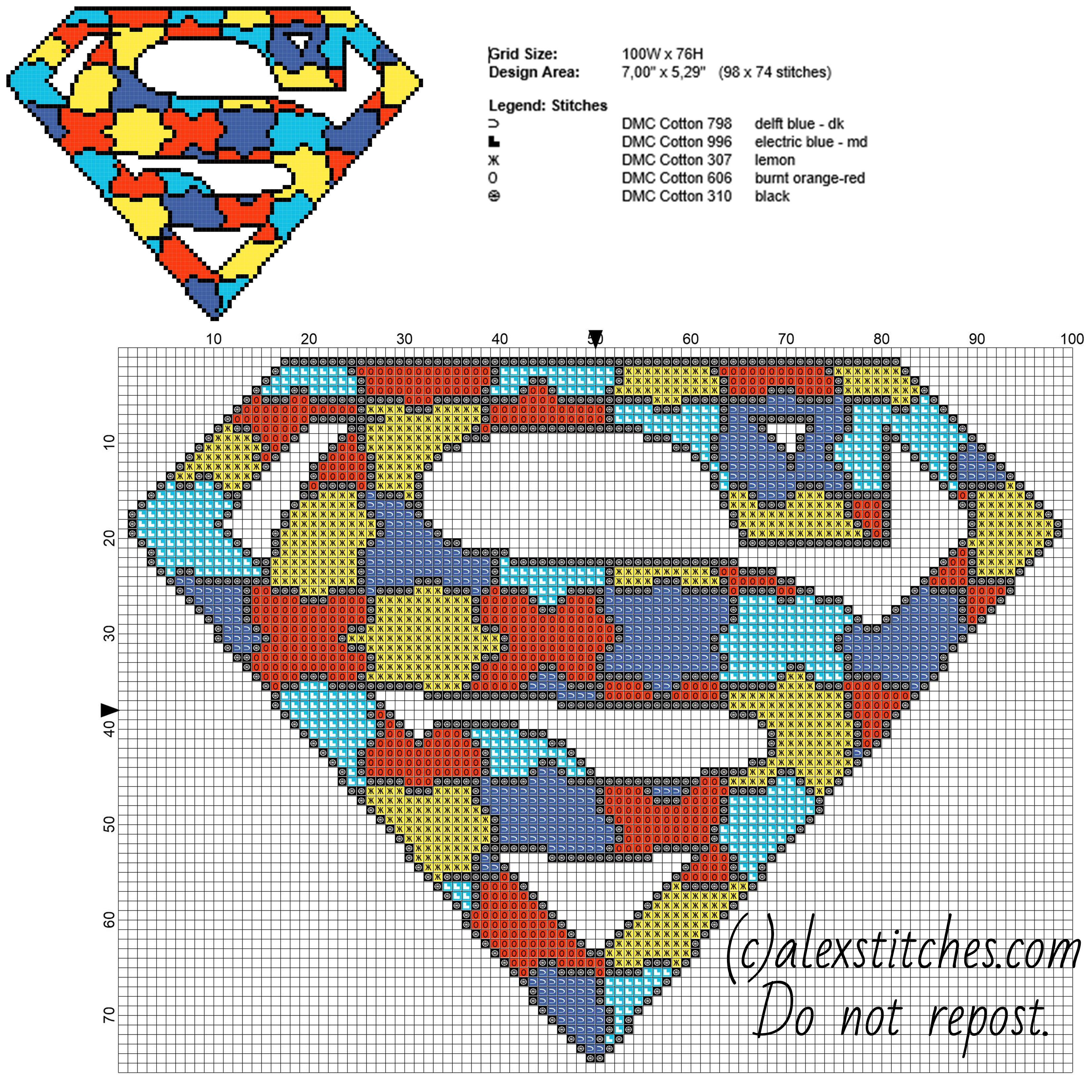 Colored puzzle Superman superhero logo free cross stitch pattern home pillow idea