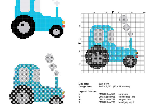 Colored toy tractor free and small cross stitch pattern 42 x 43 stitches 6 DMC threads