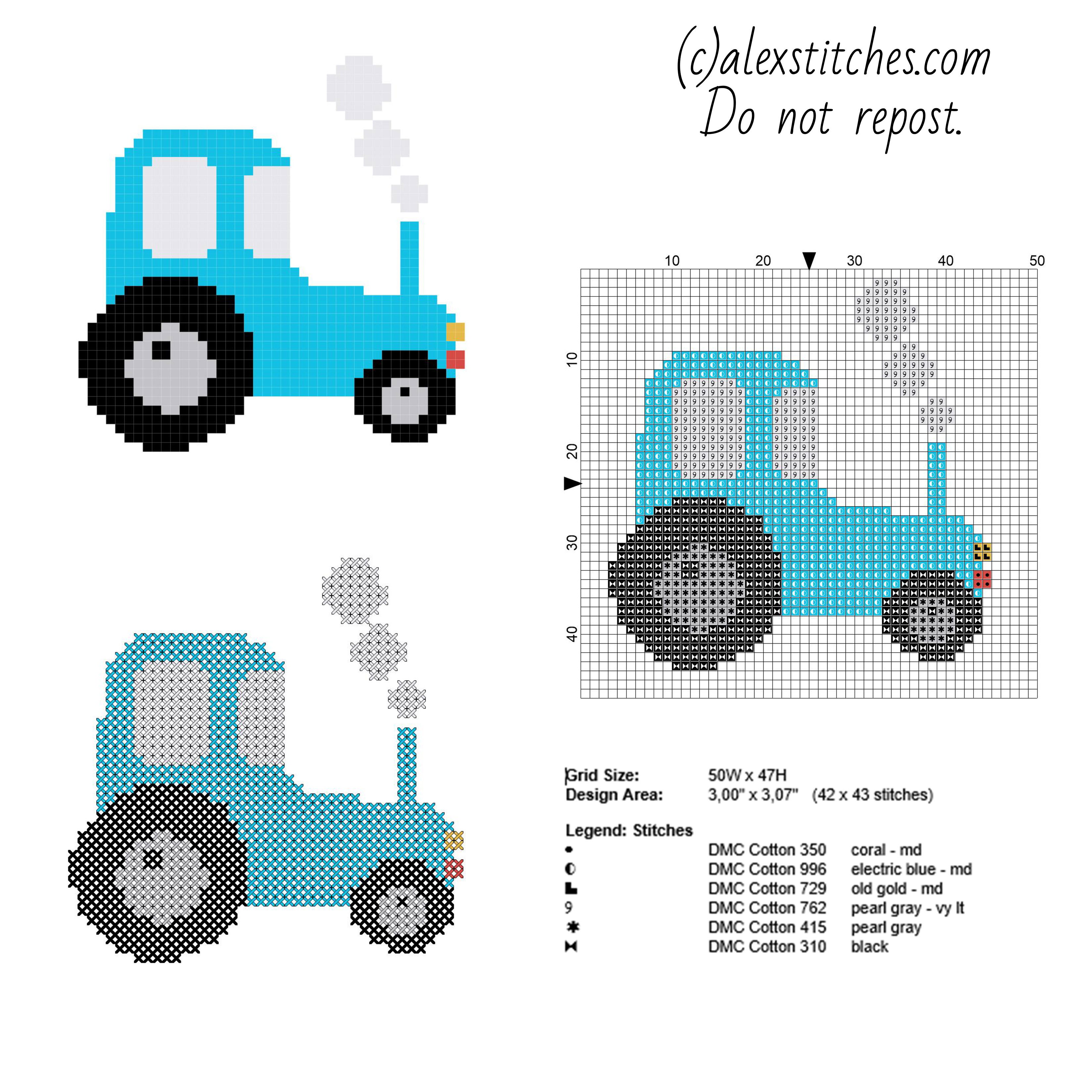 Colored toy tractor free and small cross stitch pattern 42 x 43 stitches 6 DMC threads