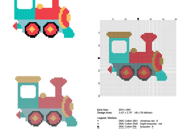 Colored toy train small and free cross stitch pattern 48 x 39 stitches 5 DMC threads