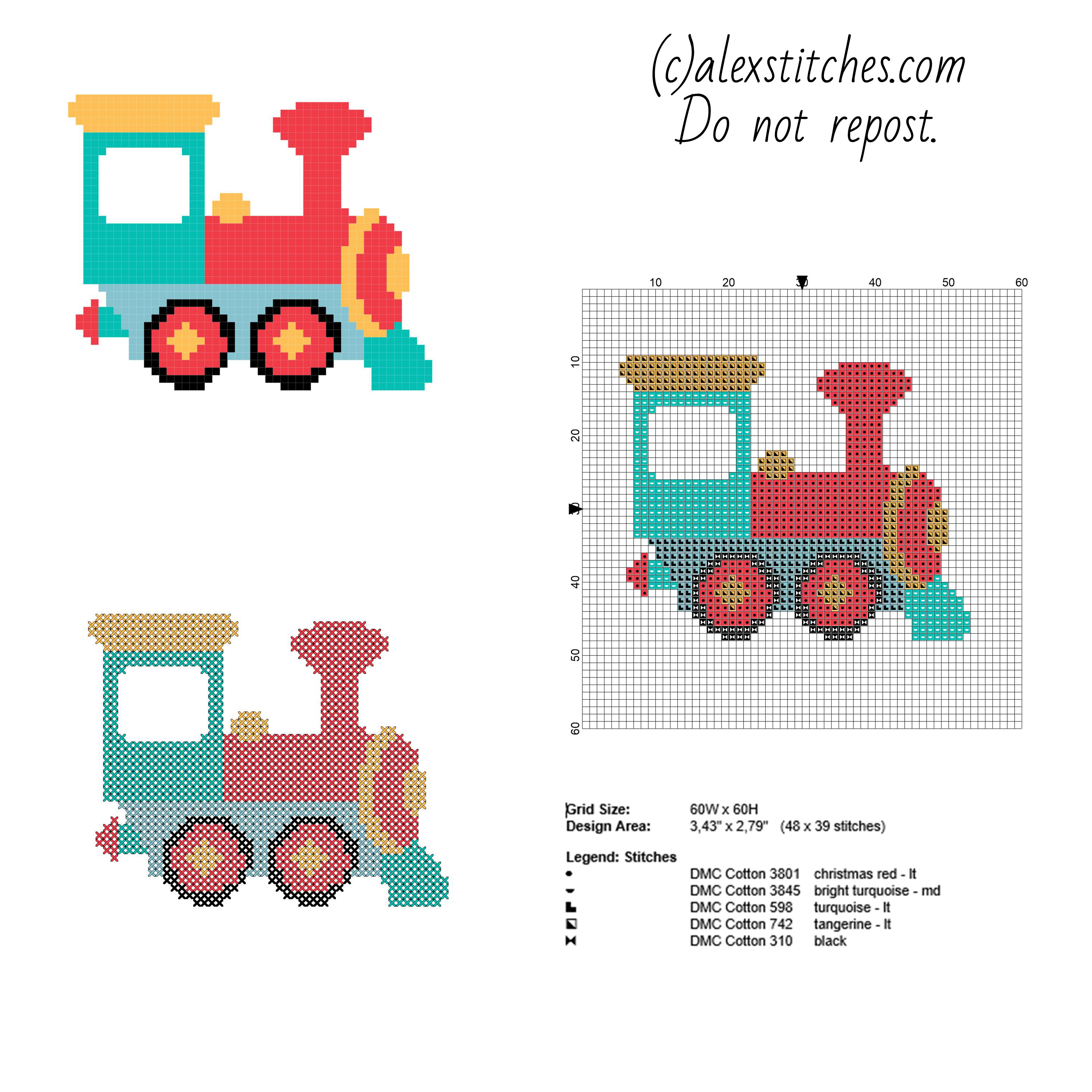 Colored toy train small and free cross stitch pattern 48 x 39 stitches 5 DMC threads