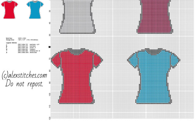 Colored woman t-shirts gray pink red and blue free cross stitch patterns