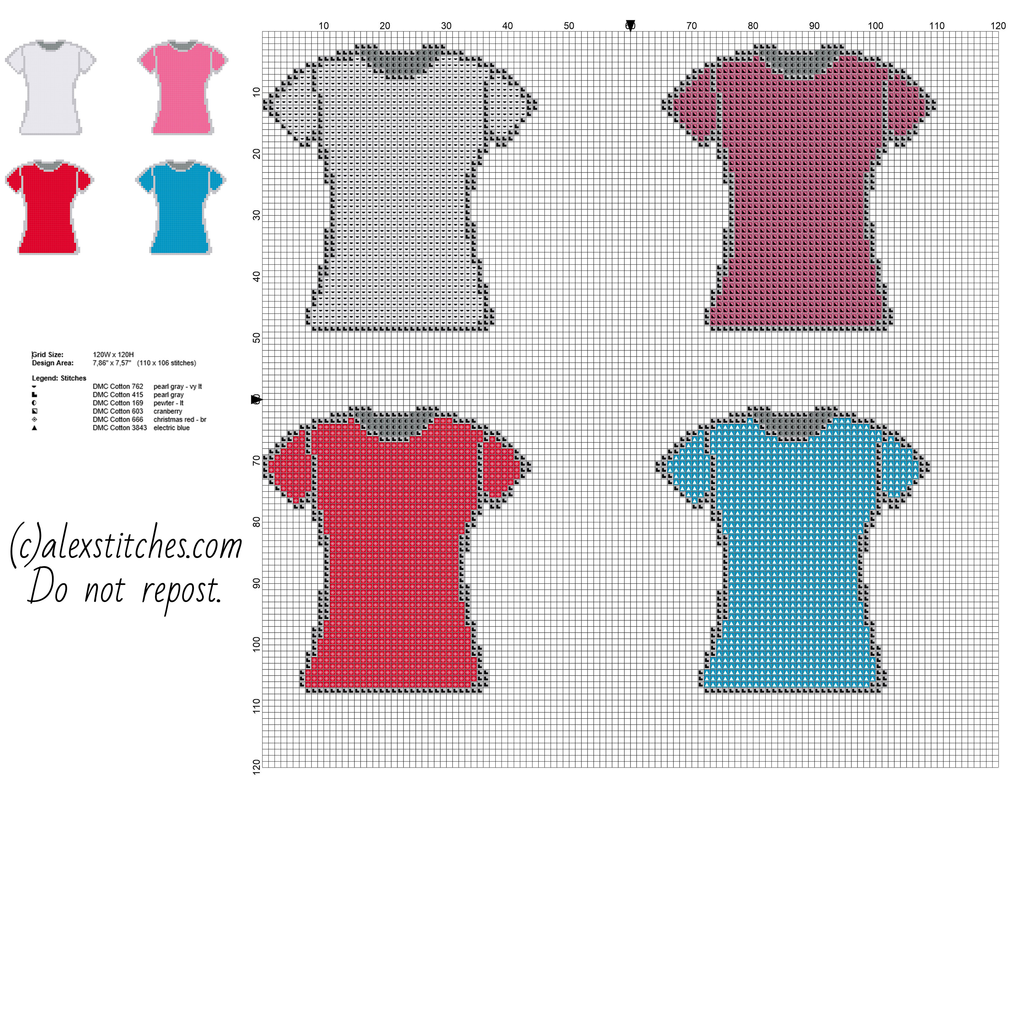 Colored woman t-shirts gray pink red and blue free cross stitch patterns