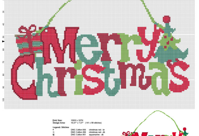 Colorful Merry Christmas text present and tree door hanger free cross stitch pattern