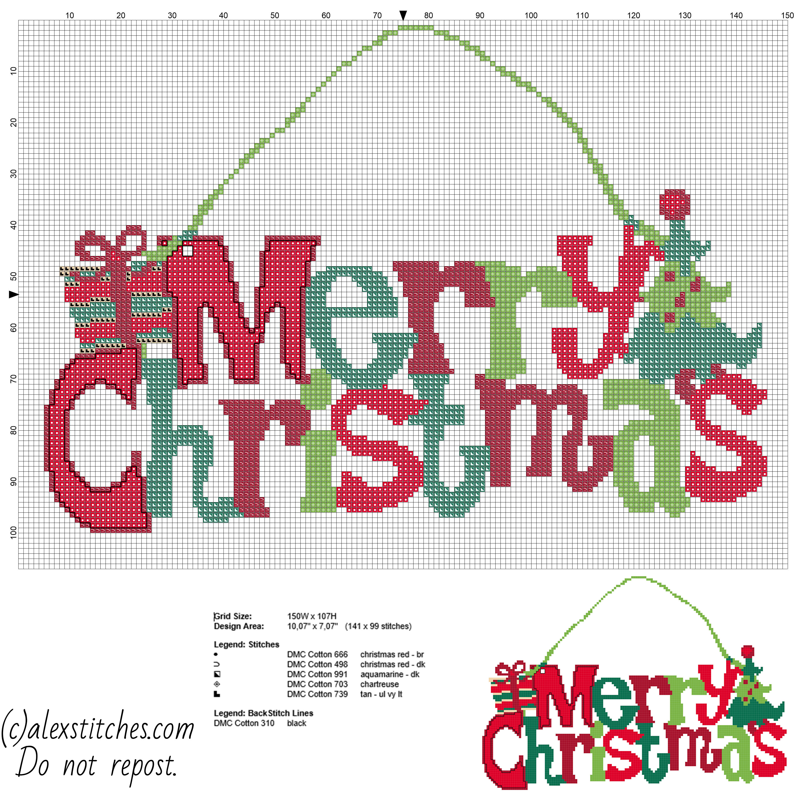 Colorful Merry Christmas text present and tree door hanger free cross stitch pattern
