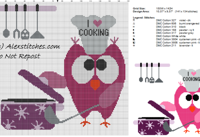 Colorful owl in the kitchen free cross stich pattern