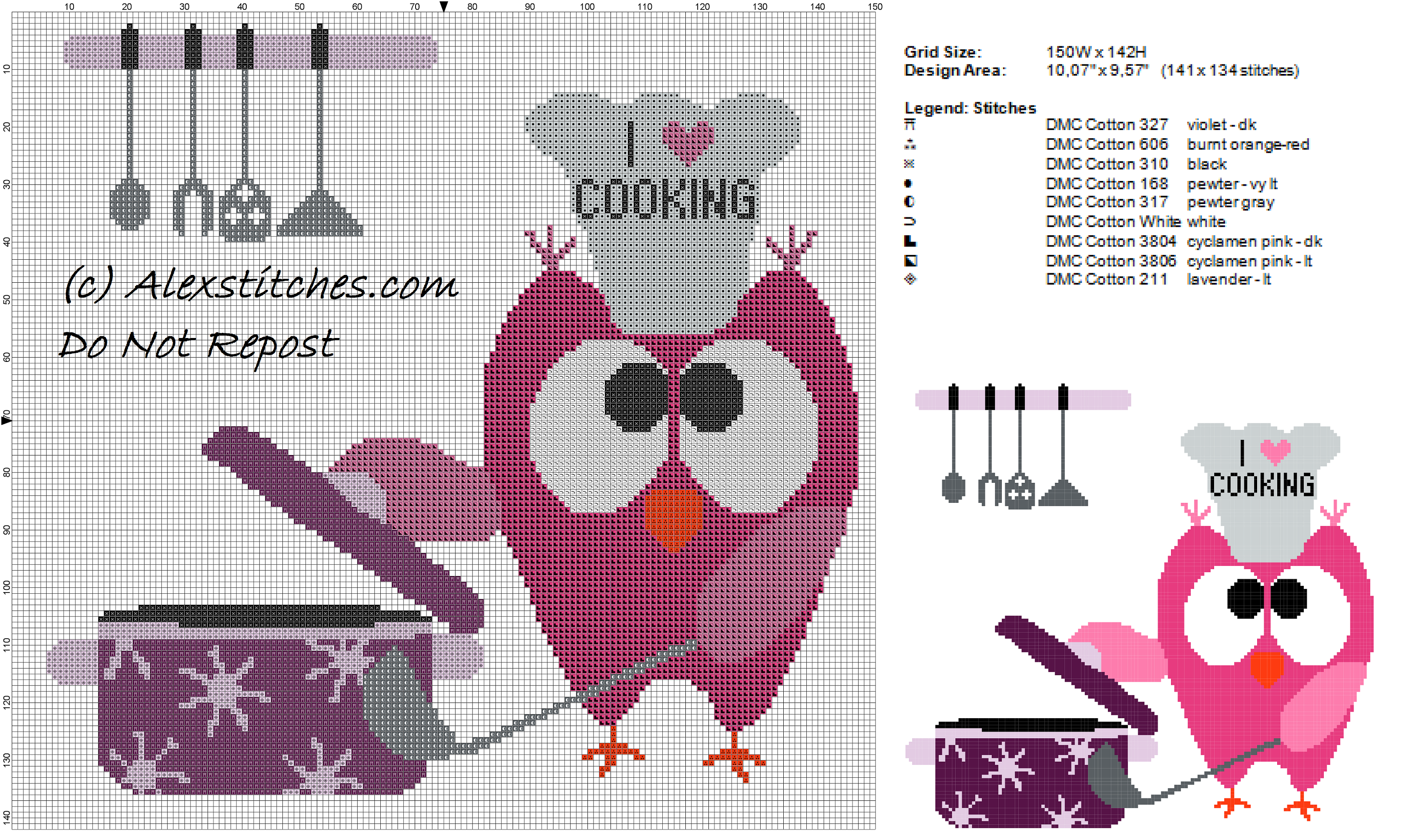 Colorful owl in the kitchen free cross stich pattern