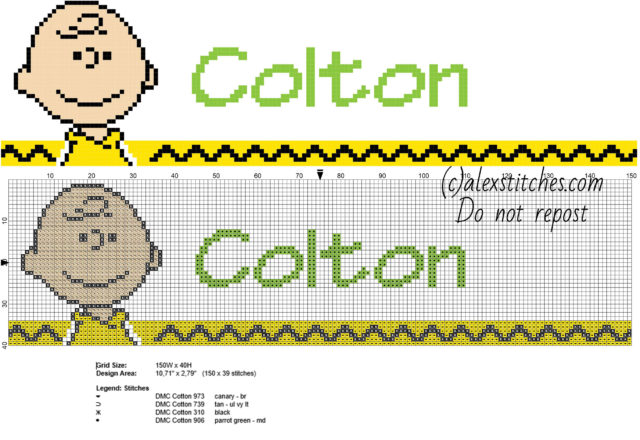Colton cross stitch baby male name with Peanuts Charlie Brown