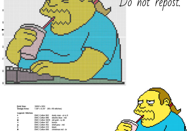 Comic Book Guy The Simpsons cartoon character free cross stitch pattern