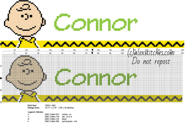 Connor cross stitch baby male name with Charlie Brown Peanuts character