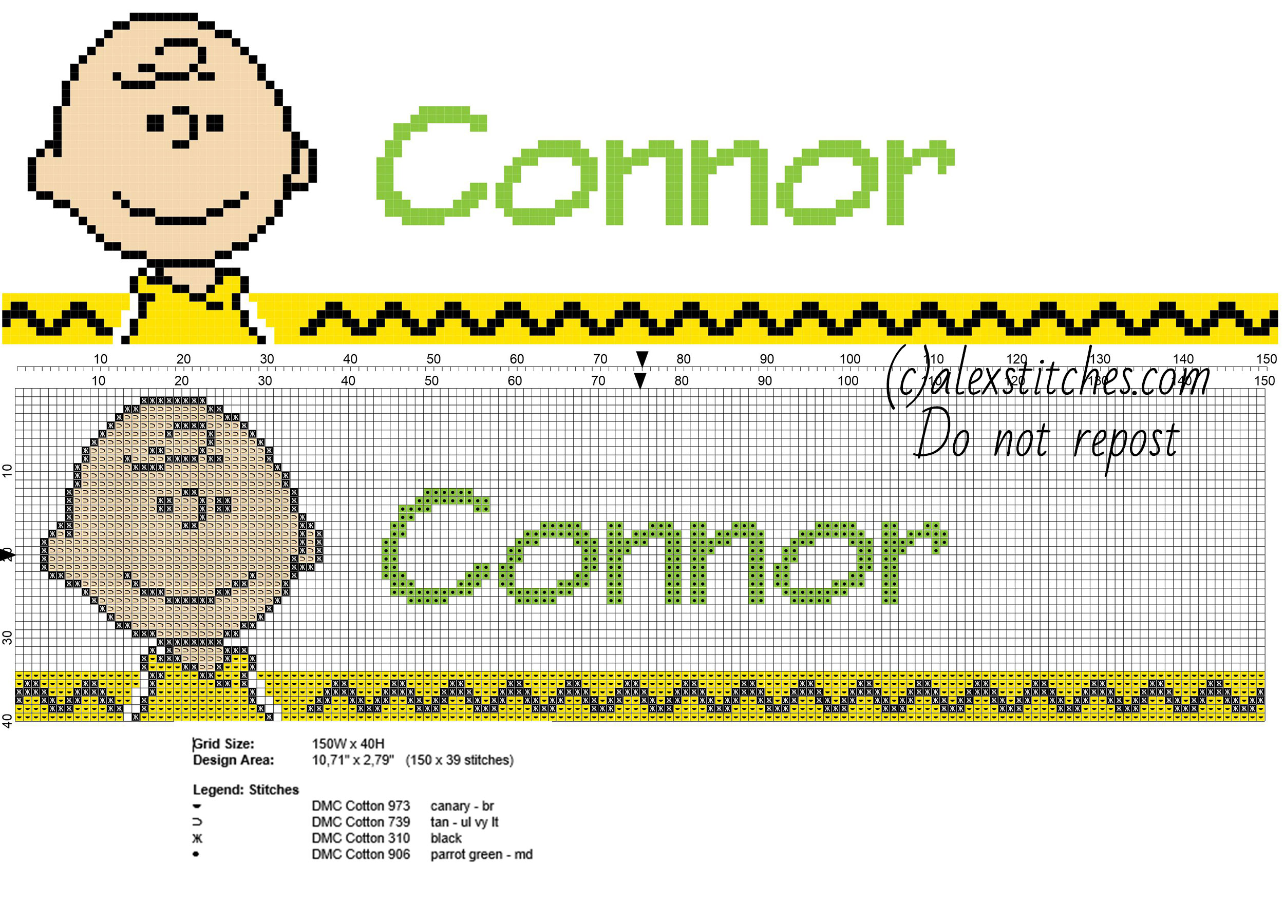 Connor cross stitch baby male name with Charlie Brown Peanuts character