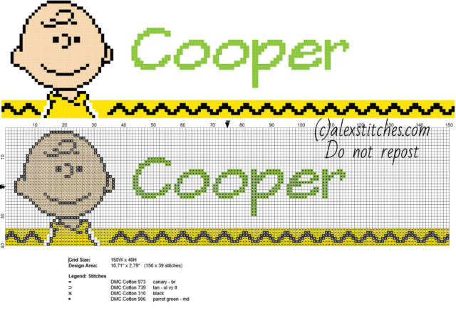 Cooper cross stitch baby male name with Charlie Brown Peanuts
